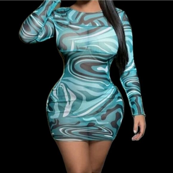 Turquoise & White Marble Print Sheer Bodycon Pencil Mini Dress Size S(4) - Picture 1 of 6
